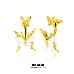 1ST XULIE "Whiterfly" Statement Skeletal Butterfly Shell Earrings in 24K Gold Plated Shell - Detail Shot