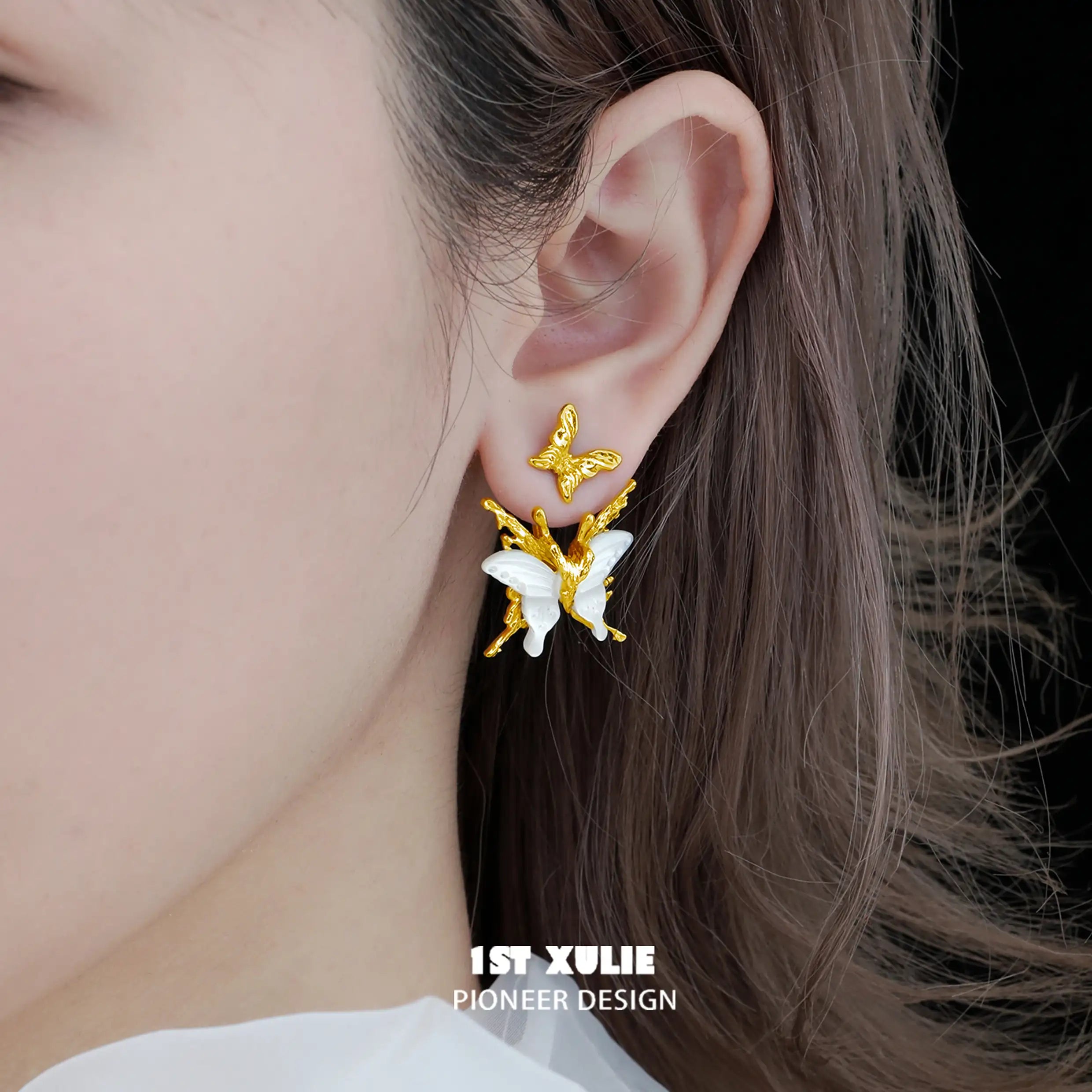 1ST XULIE "Whiterfly" Statement Skeletal Butterfly Shell Earrings in 24K Gold Plated Shell - Product View