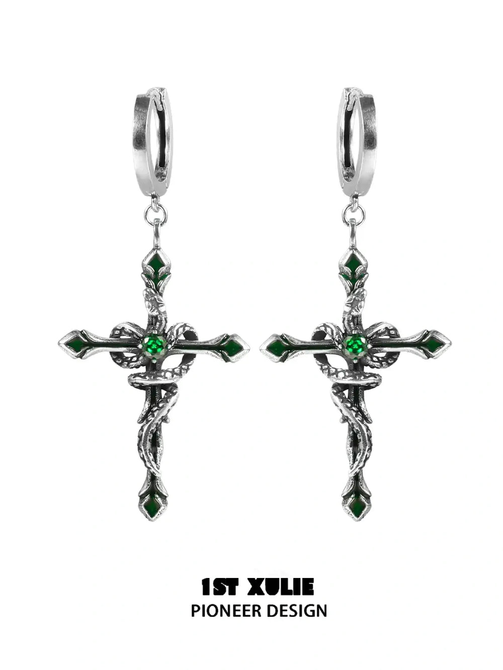 1ST XULIE "Snake Bite" Statement Snake Dangle Earrings in Platinum Plated Brass - Product View