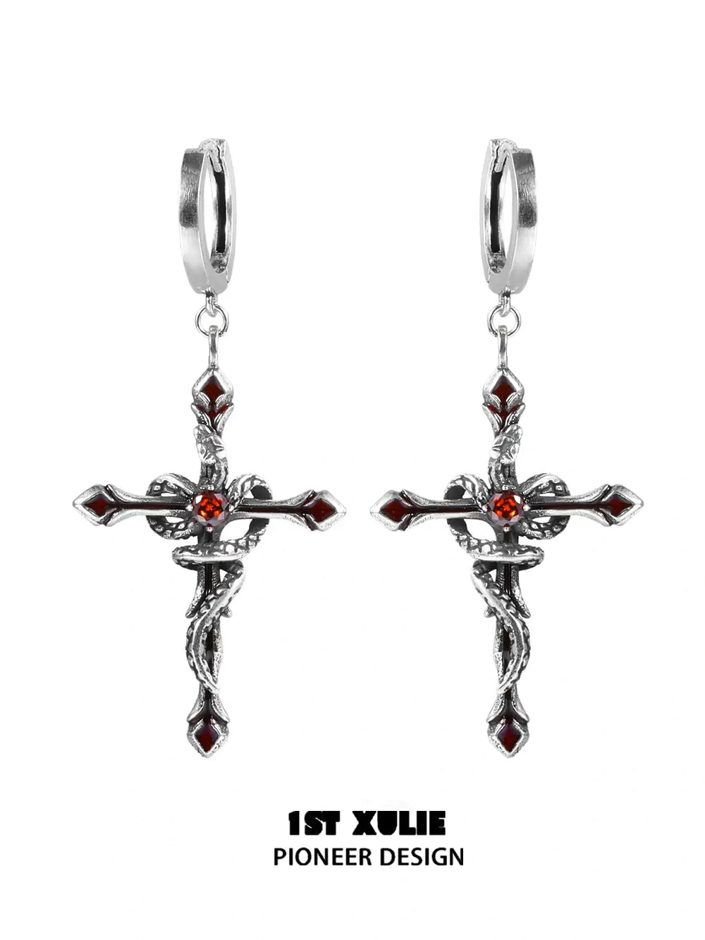 1ST XULIE "Snake Bite" Statement Snake Dangle Earrings in Platinum Plated Brass - On Model
