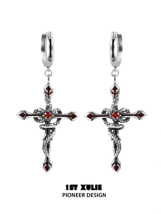 1ST XULIE "Snake Bite" Statement Snake Dangle Earrings in Platinum Plated Brass - On Model