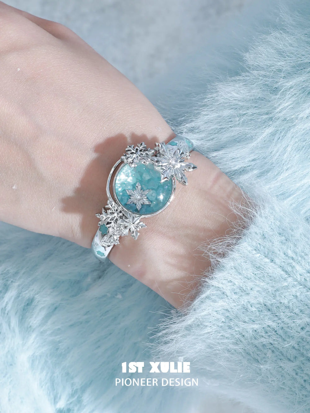1ST XULIE "Snow Land" Statement Snowflake Crystal Bracelet in Platinum Finish - Detail Shot