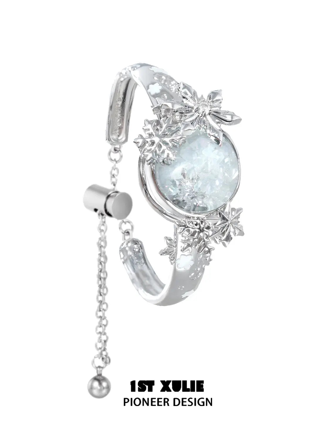 1ST XULIE "Snow Land" Statement Snowflake Crystal Bracelet in Platinum Finish - On Model Close Up