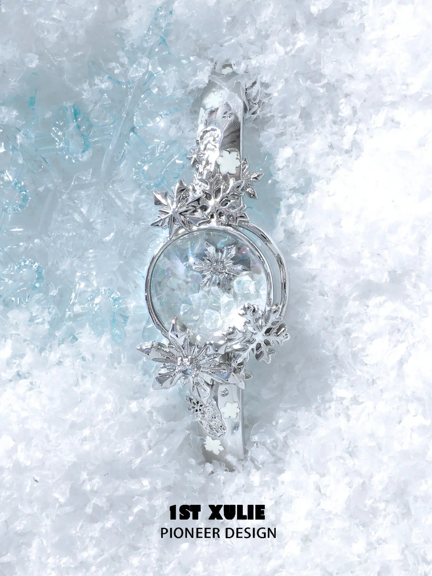 1ST XULIE "Snow Land" Statement Snowflake Crystal Bracelet in Platinum Finish - Side View