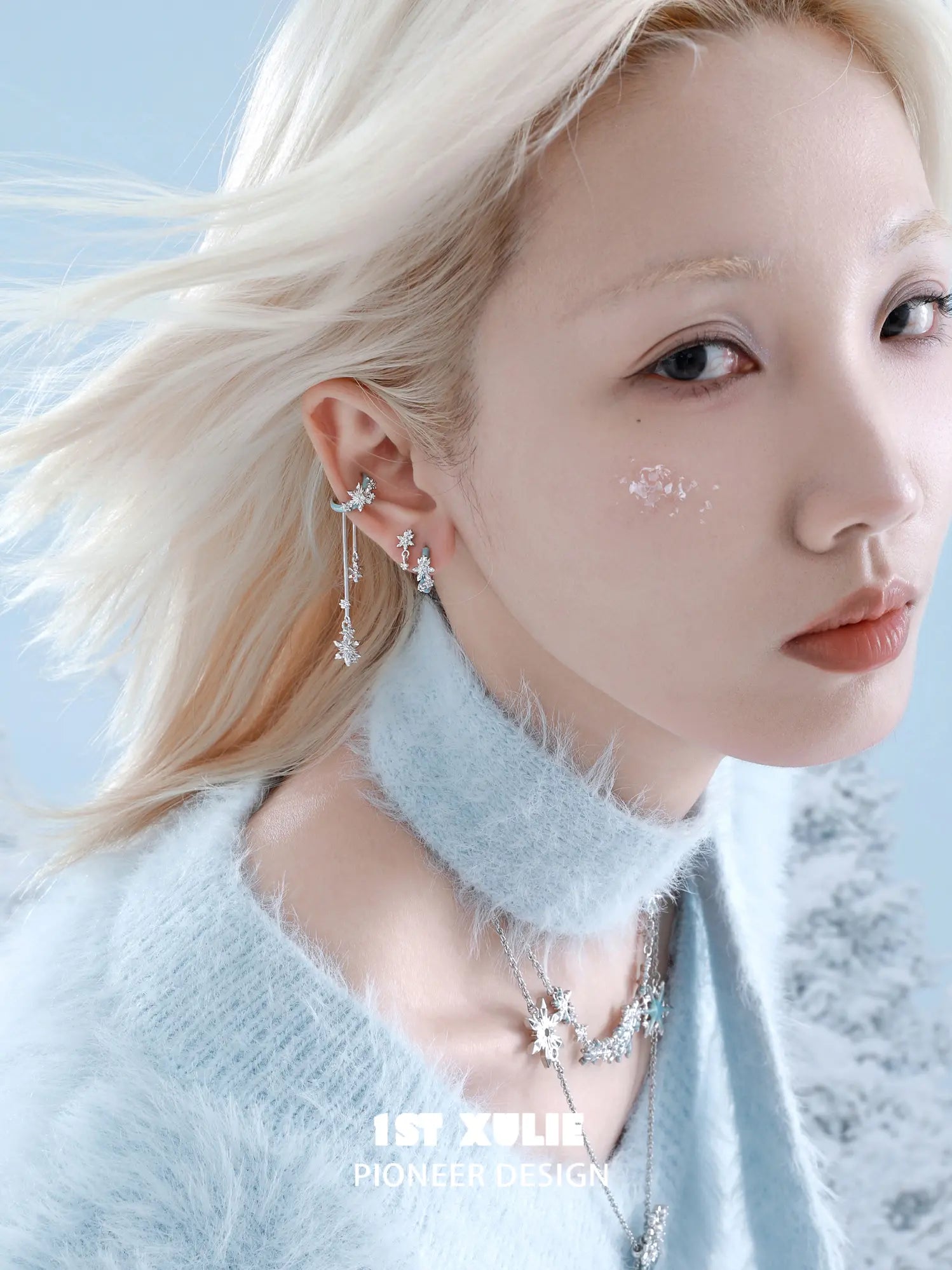 1ST XULIE "Snow Land" Statement Snowflake Dangle Ear Cuffs in Platinum Plated - Detail Shot