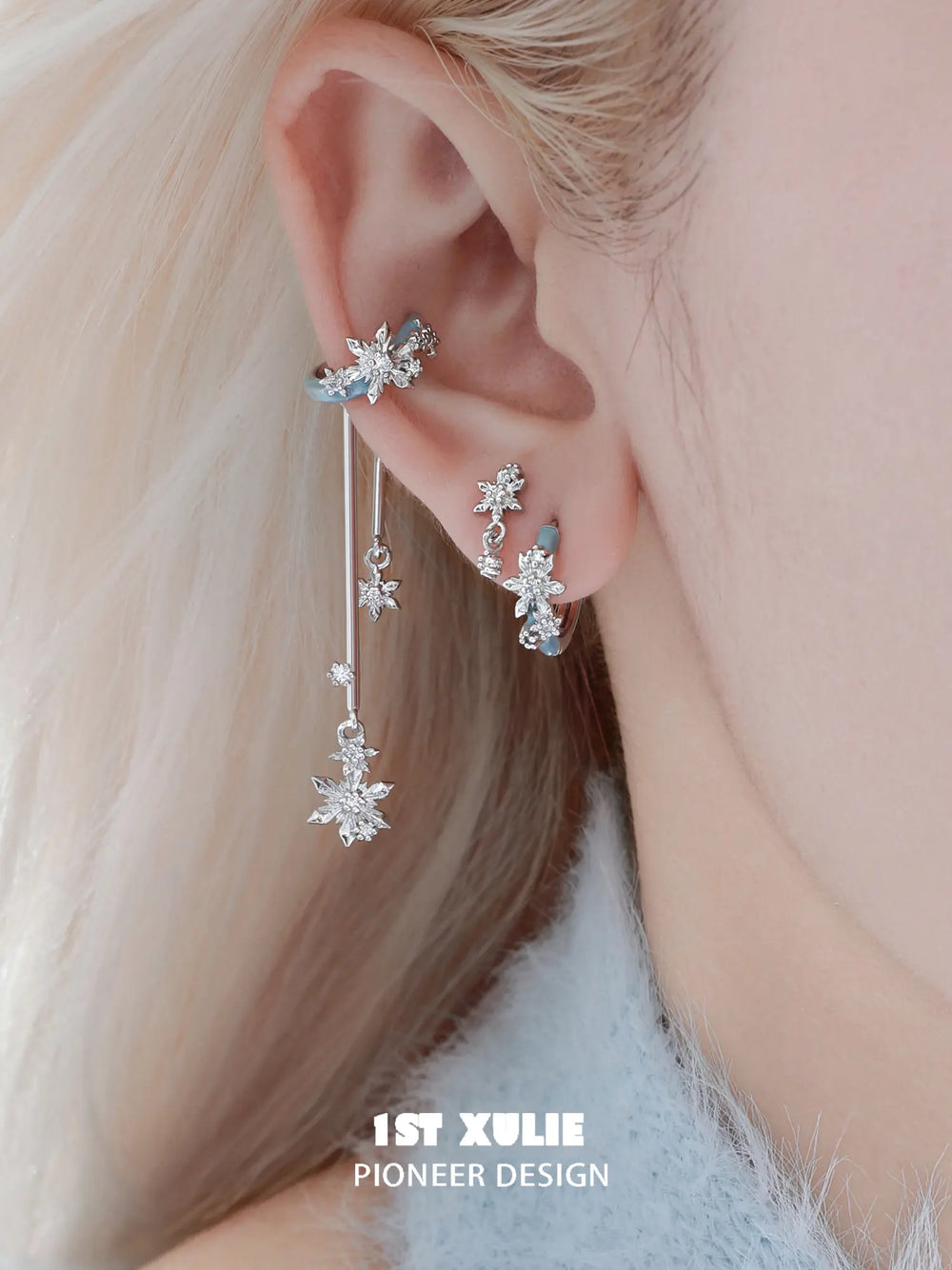 1ST XULIE "Snow Land" Statement Snowflake Dangle Ear Cuffs in Platinum Plated - Lifestyle Shot