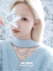 1ST XULIE "Snow Land" Statement Snowflake Dangle Ear Cuffs in Platinum Plated - On Model