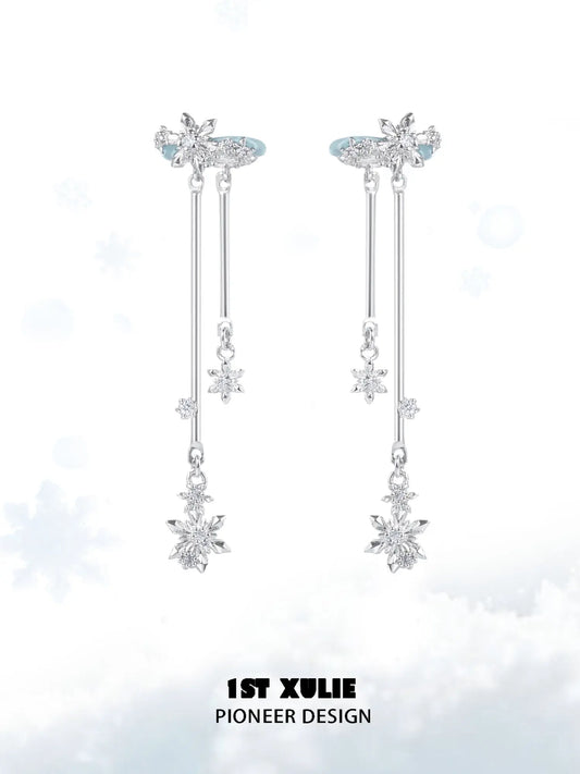 1ST XULIE "Snow Land" Statement Snowflake Dangle Ear Cuffs in Platinum Plated - Texture Detail
