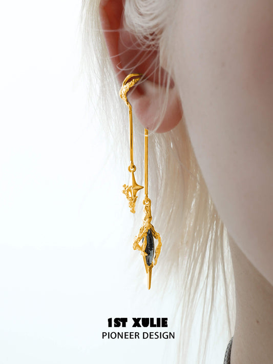 1ST XULIE "Star Trails" Statement Dangle Ear Cuffs in 24K Gold Plated - On Model