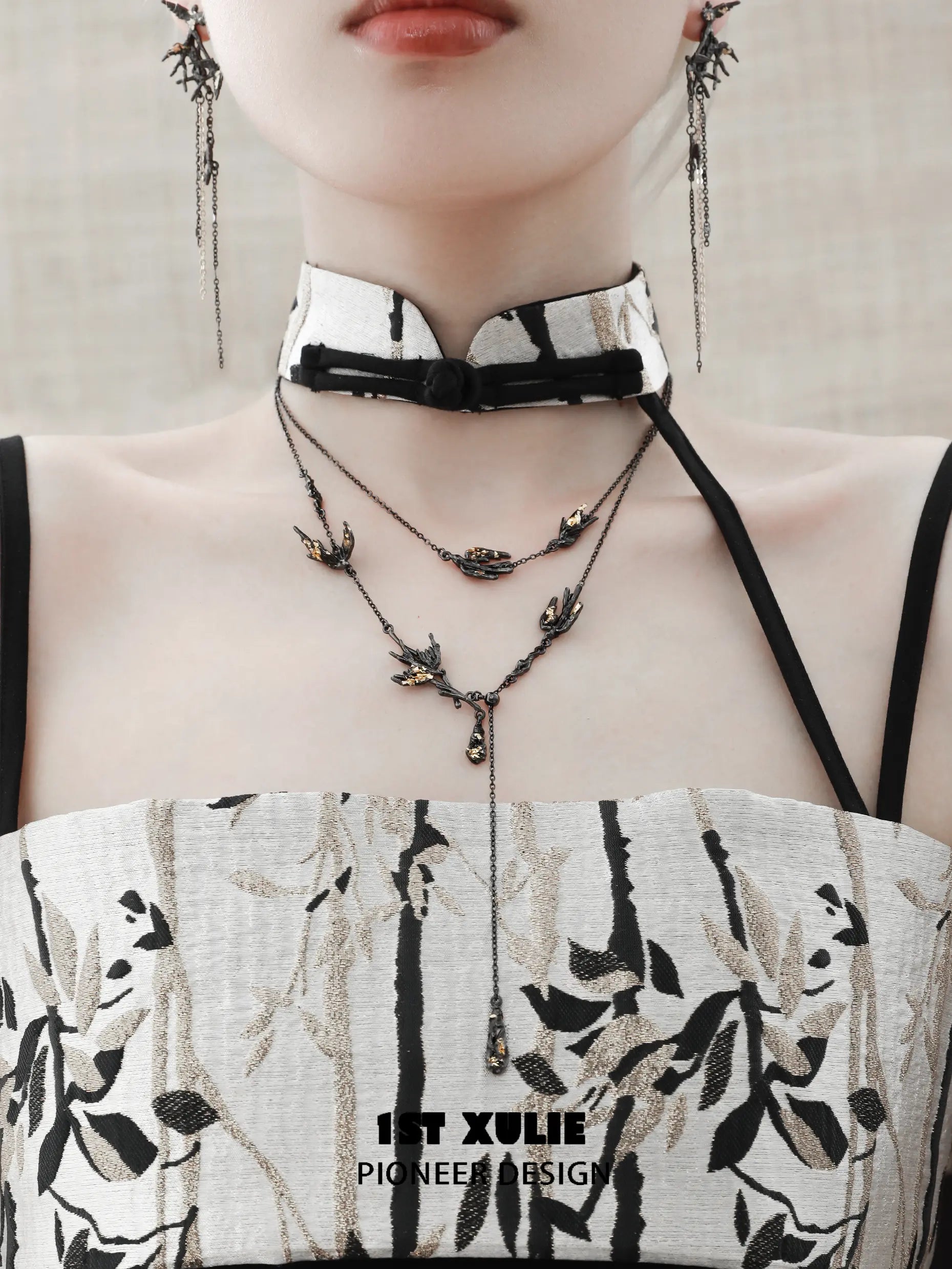 1ST XULIE "Swallow's Return" Statement Swallow Choker Necklace in 18K Black Gold Plated & Gold Leaf - Product View