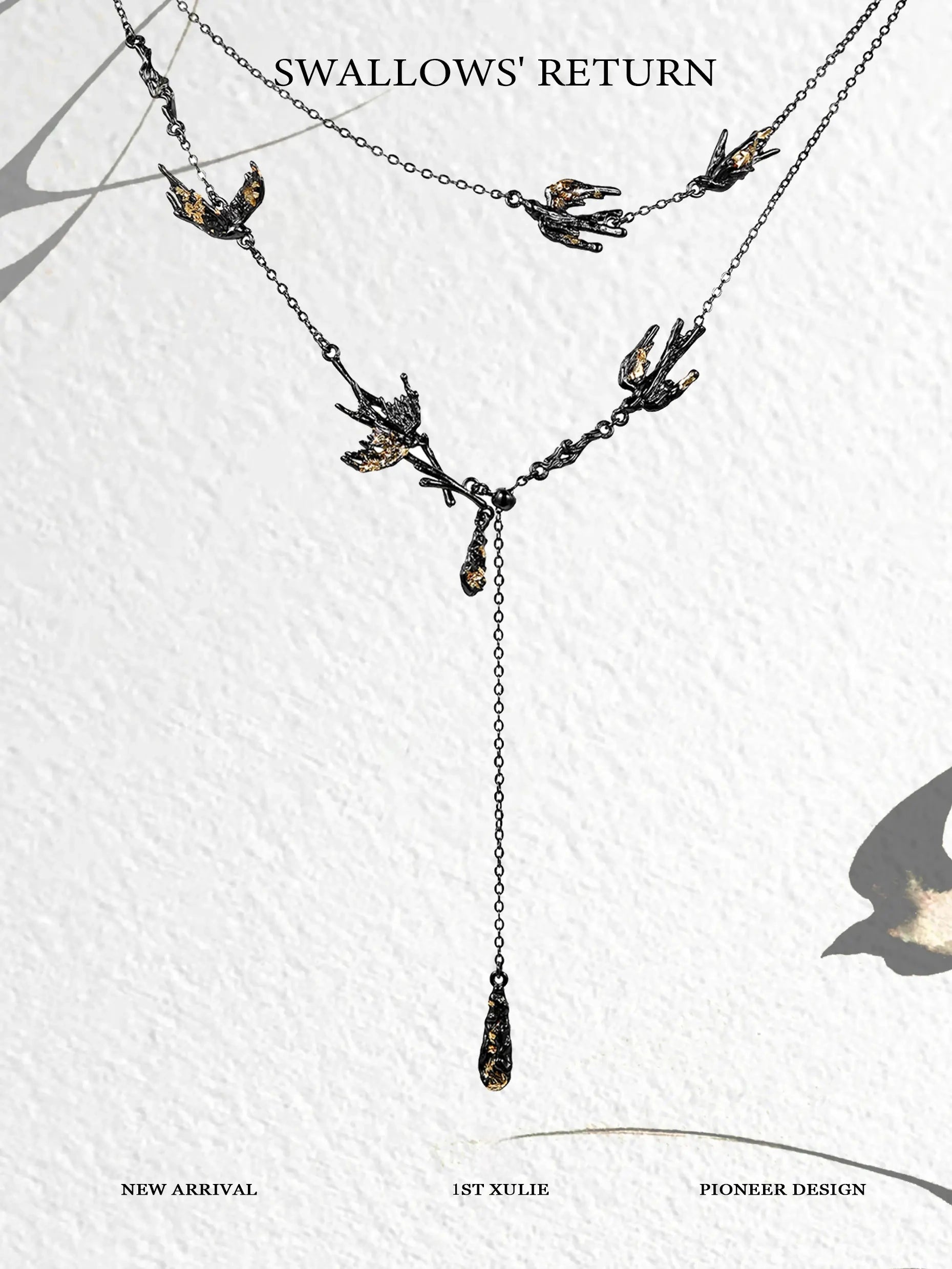 1ST XULIE "Swallow's Return" Statement Swallow Choker Necklace in 18K Black Gold Plated & Gold Leaf - On Model Close-Up