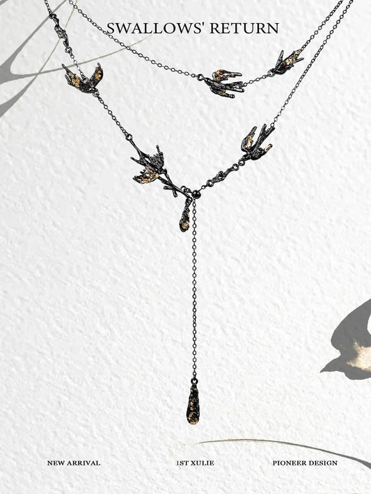 1ST XULIE "Swallow's Return" Statement Swallow Choker Necklace in 18K Black Gold Plated & Gold Leaf - On Model Close-Up