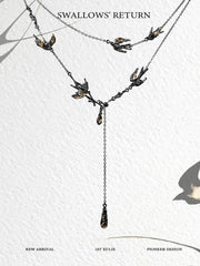 1ST XULIE "Swallow's Return" Statement Swallow Choker Necklace in 18K Black Gold Plated & Gold Leaf - On Model Close-Up