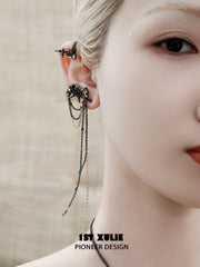 1ST XULIE "Swallow's Return" Statement Swallow Tassel Ear Hooks in 18K Black Gold Plated Brass - Detail Shot