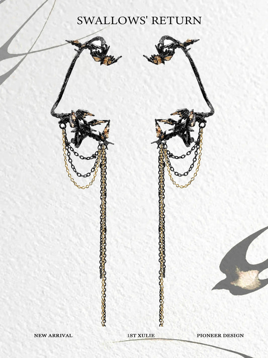 1ST XULIE "Swallow's Return" Statement Swallow Tassel Ear Hooks in 18K Black Gold Plated Brass - Product View