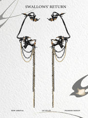 1ST XULIE "Swallow's Return" Statement Swallow Tassel Ear Hooks in 18K Black Gold Plated Brass - Product View