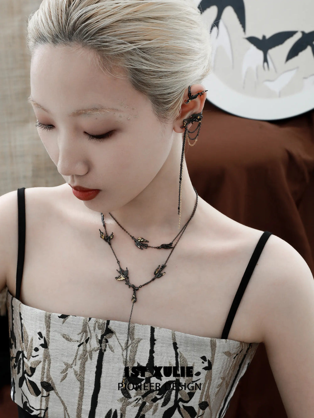 1ST XULIE "Swallow's Return" Statement Swallow Tassel Ear Hooks in 18K Black Gold Plated Brass - On Model Close-up