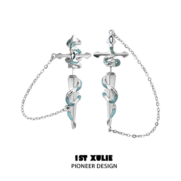 "Frozen Serpent Girl" Platinum Plated Statement Sword Chain Dangle Stud Earrings