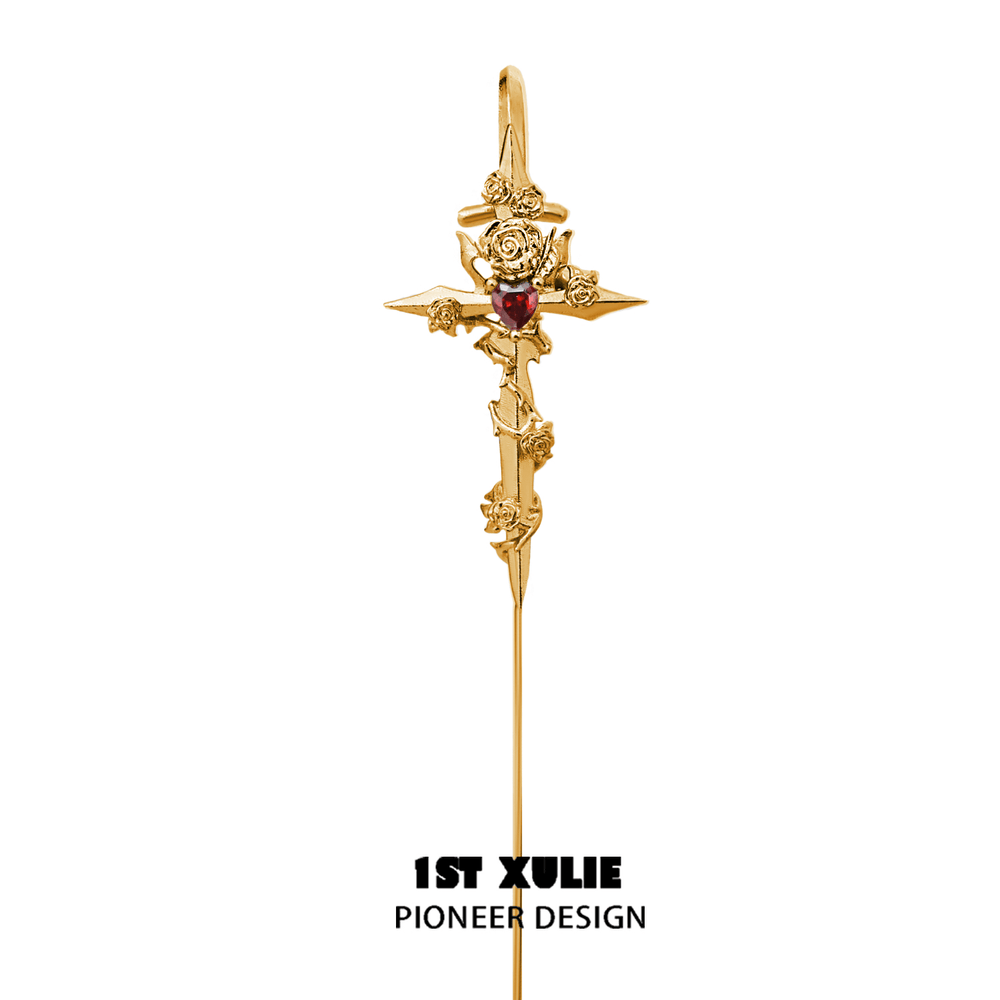 1ST XULIE "Taboo Rose" Statement Sword Needle Piercing Earrings in 24K Gold Plated Brass - Product View