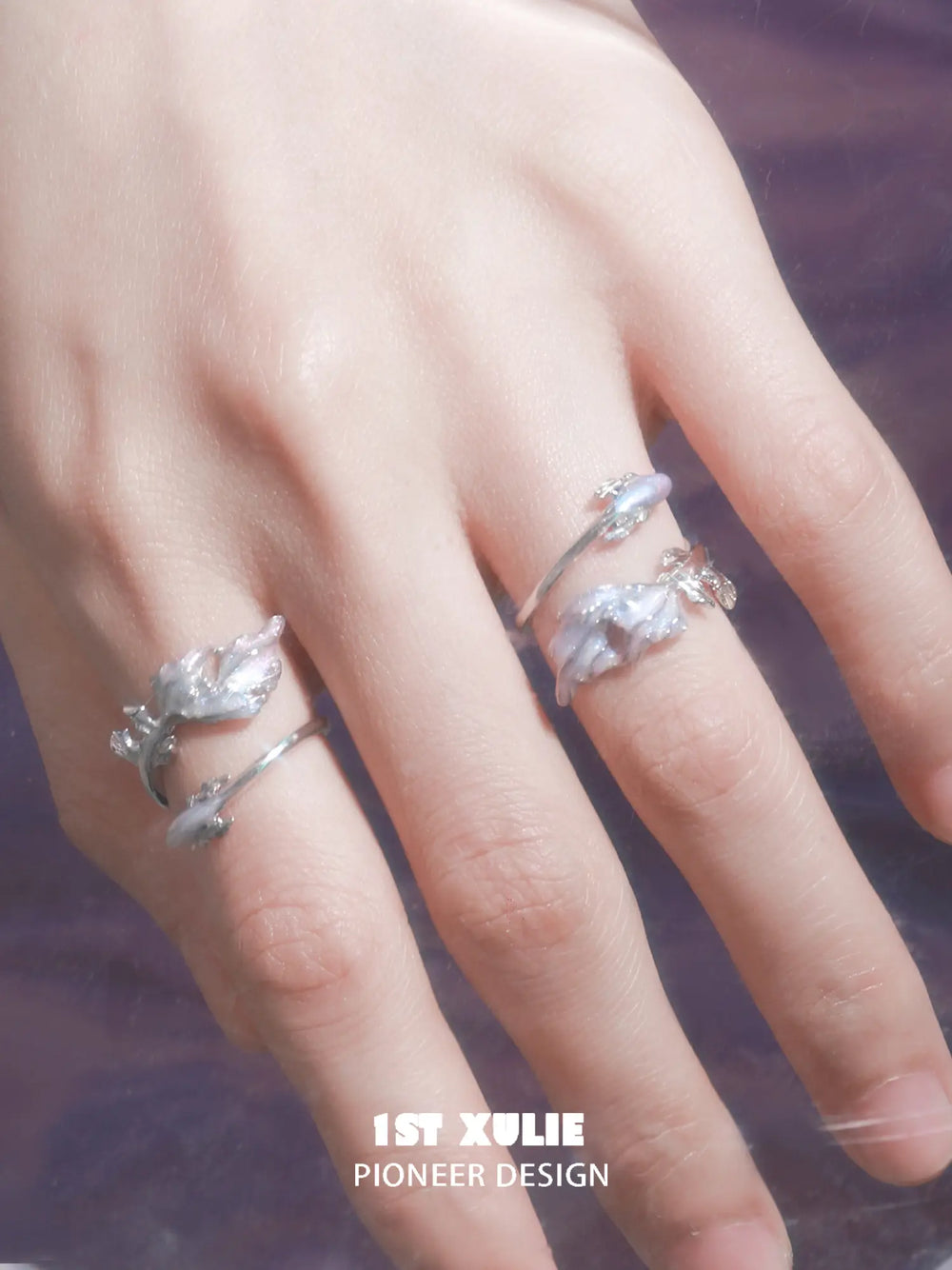 1ST XULIE Jewelry "THE SEA" Swimming Fish Pink Purple Ring in 925 Sterling Silver - Angle View