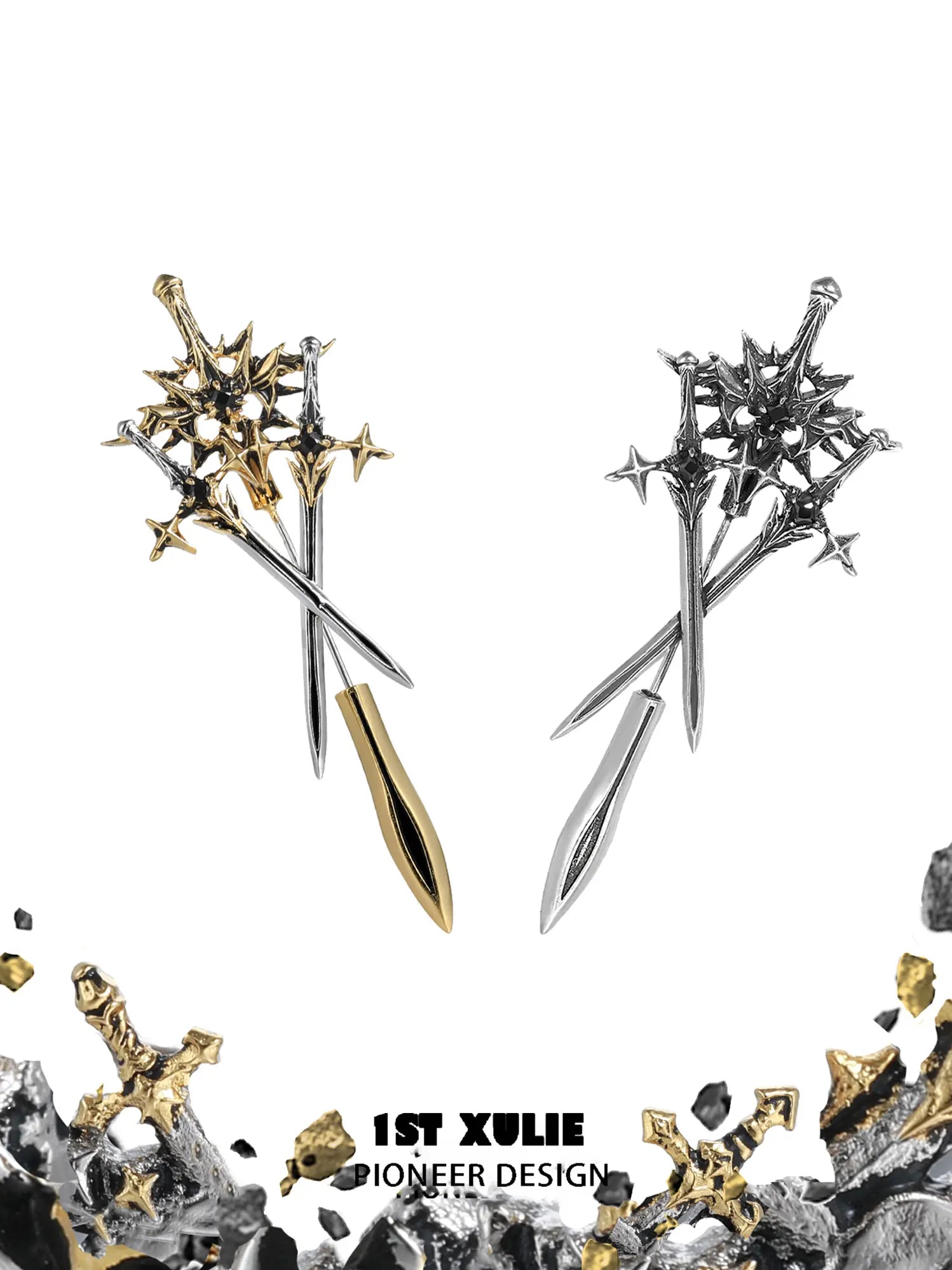 1ST XULIE Jewelry "Knight's Oath" Sword Brooch in 18K Gold Plated - Detail Shot