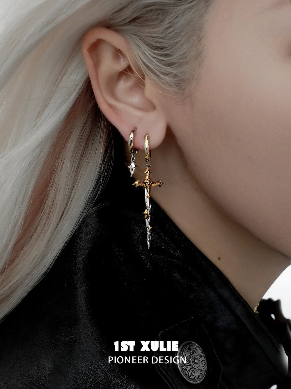 1ST XULIE Jewelry "Knight's Oath" A Style Sword Dangle Hoop Earrings in 18K Gold Plated Brass - Detail Shot