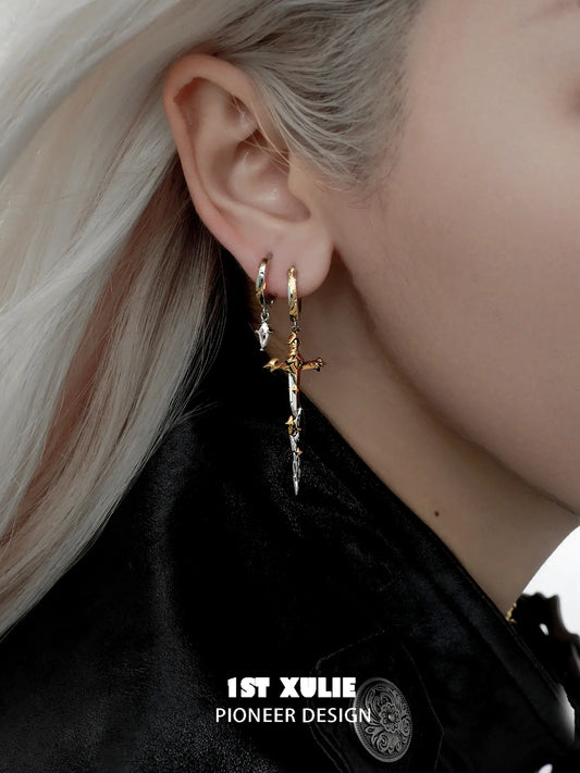 1ST XULIE Jewelry "Knight's Oath" A Style Sword Dangle Hoop Earrings in 18K Gold Plated Brass - Detail Shot