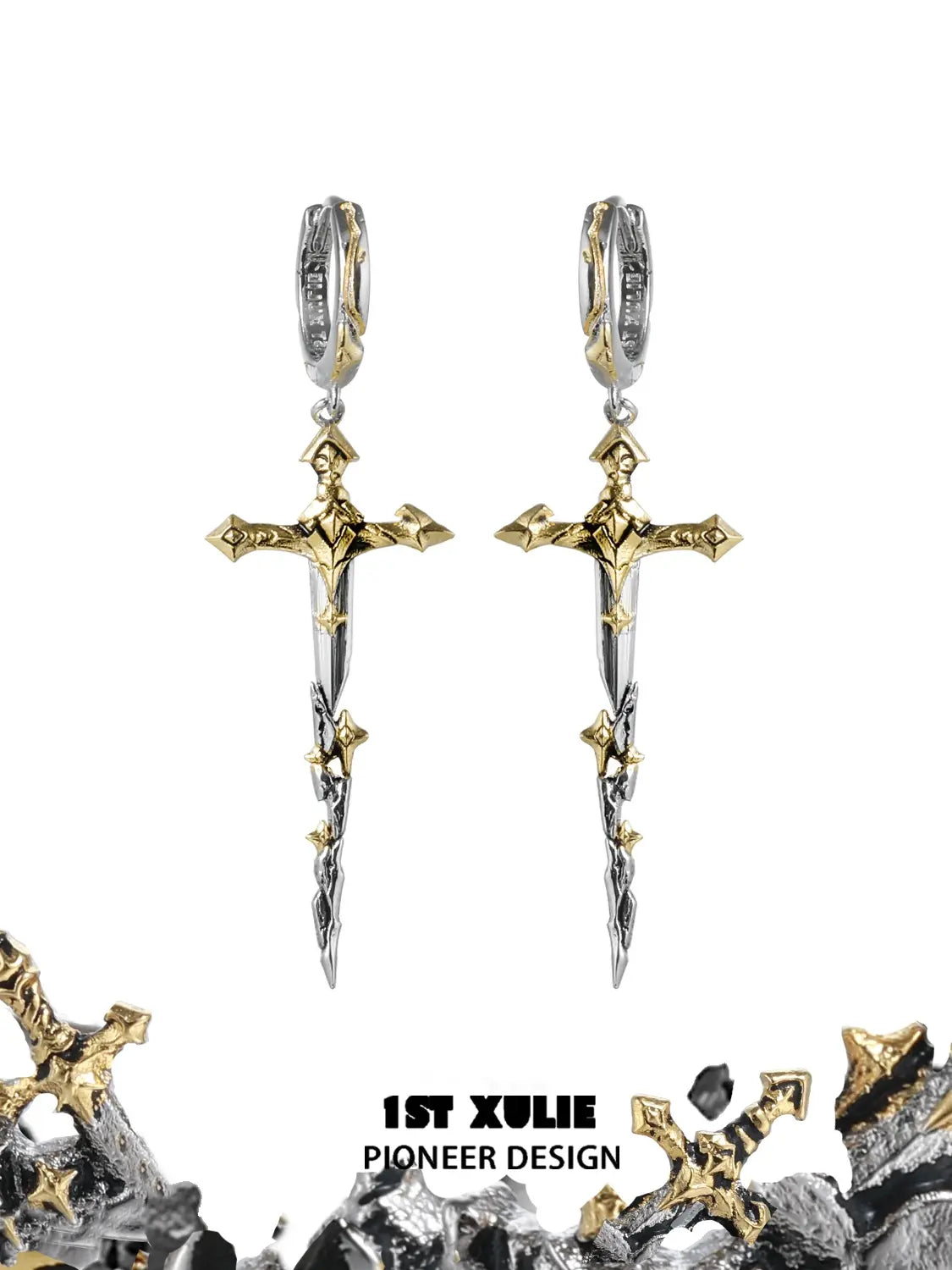 1ST XULIE Jewelry "Knight's Oath" A Style Sword Dangle Hoop Earrings in 18K Gold Plated Brass - On Model Close Up