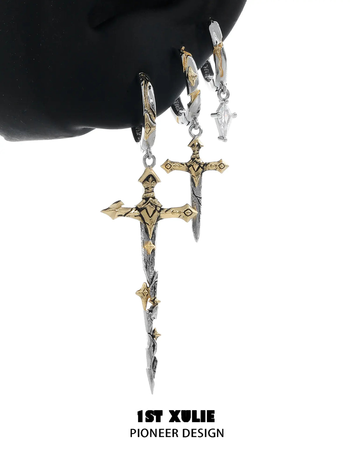 1ST XULIE Jewelry "Knight's Oath" C Style Sword Dangle Hoop Earrings in 18K Gold Plated Brass - On Model Close Up