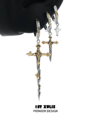 1ST XULIE Jewelry "Knight's Oath" C Style Sword Dangle Hoop Earrings in 18K Gold Plated Brass - On Model Close Up