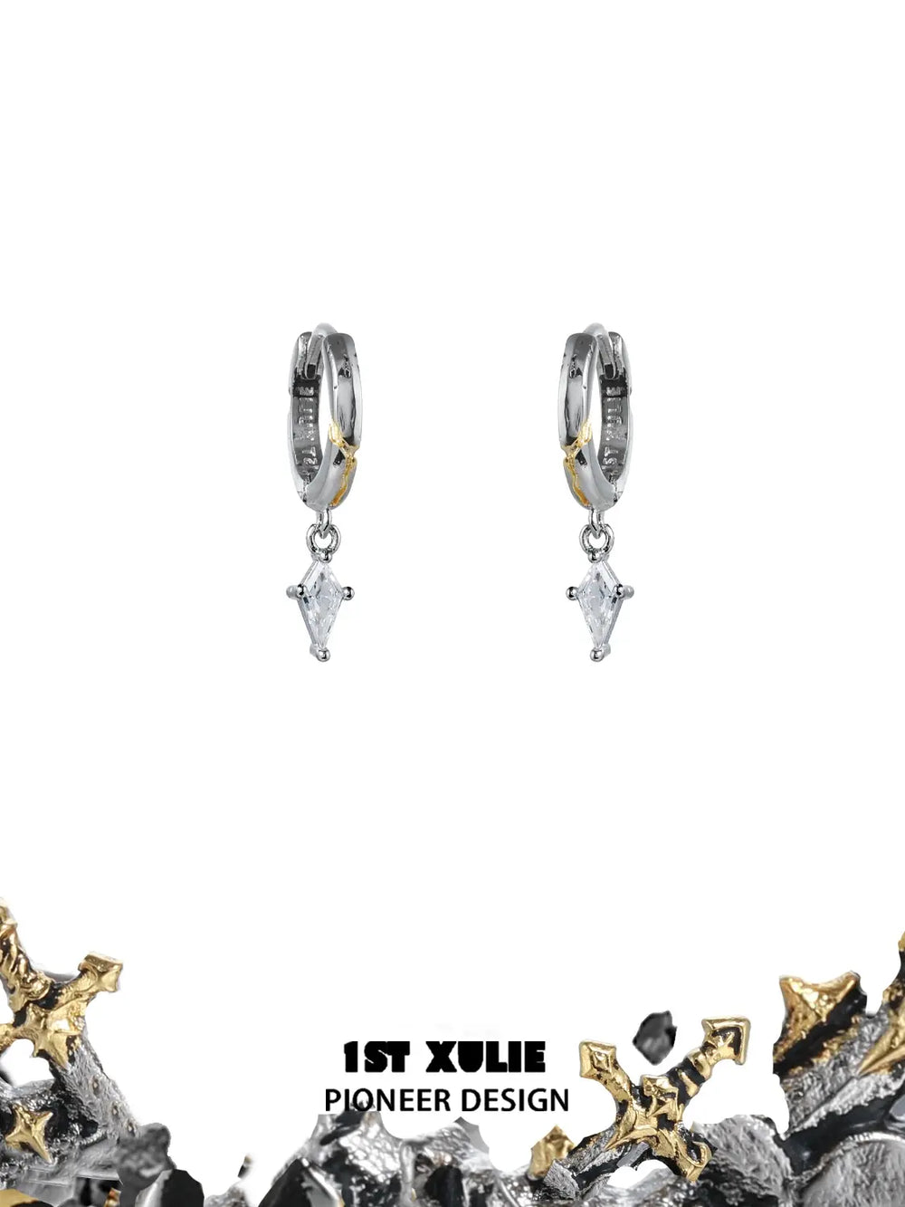 1ST XULIE Jewelry "Knight's Oath" Sword Dangle Hoop Earrings in 18K Gold Plated Brass - Lifestyle Shot