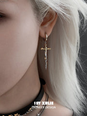 1ST XULIE Jewelry "Knight's Oath" Sword Dangle Hoop Earrings in 18K Gold Plated Brass - Product View