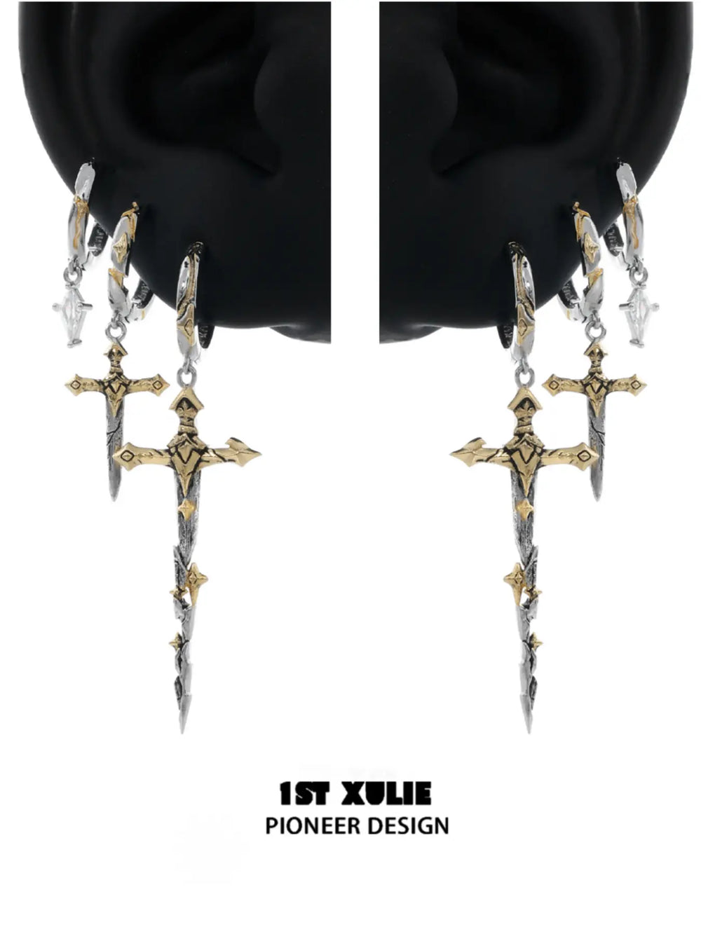 1ST XULIE Jewelry "Knight's Oath" Sword Dangle Hoop Earrings in 18K Gold Plated Brass - Size Comparison