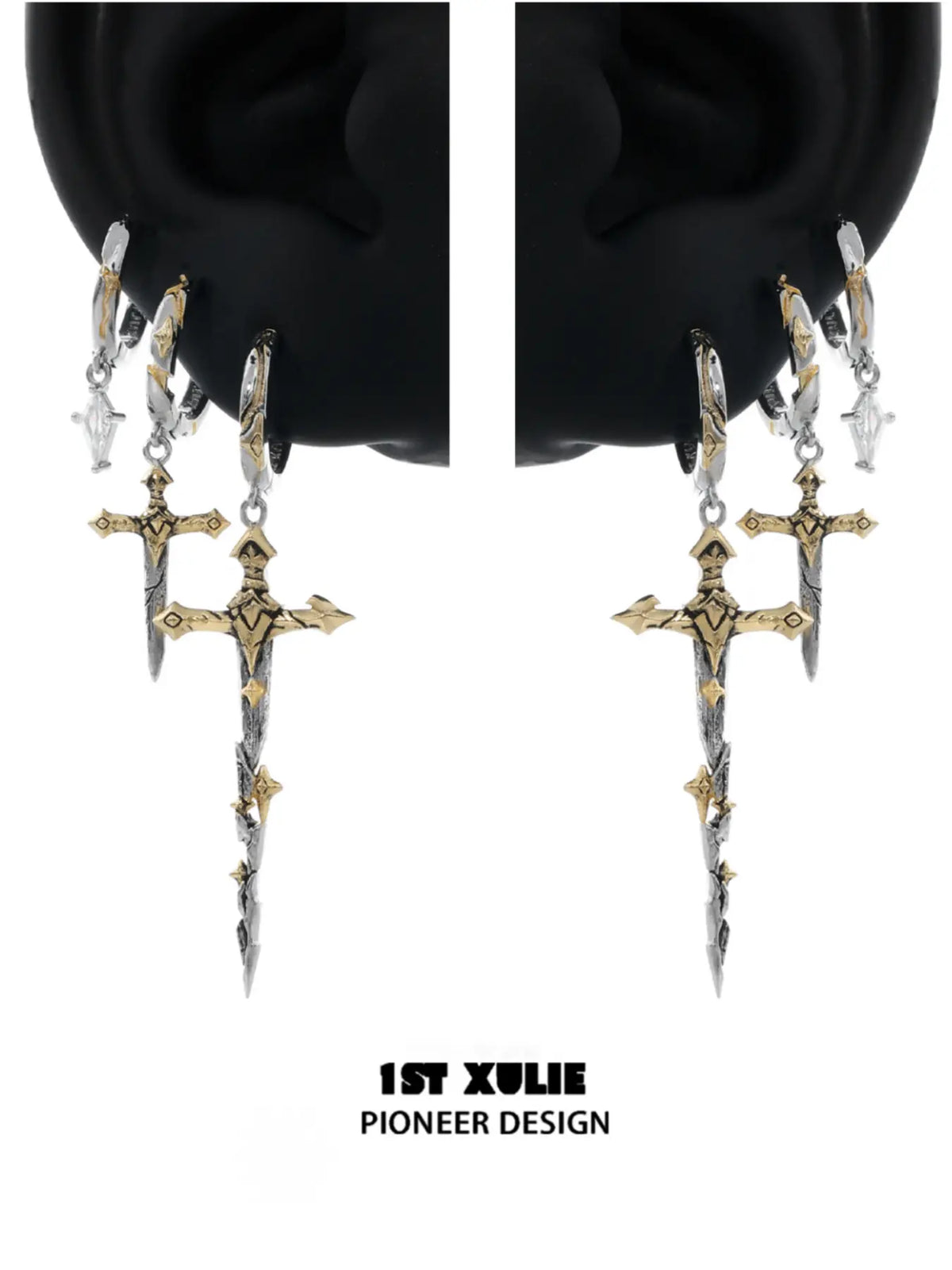 1ST XULIE Jewelry "Knight's Oath" Sword Dangle Hoop Earrings in 18K Gold Plated Brass - Size Comparison