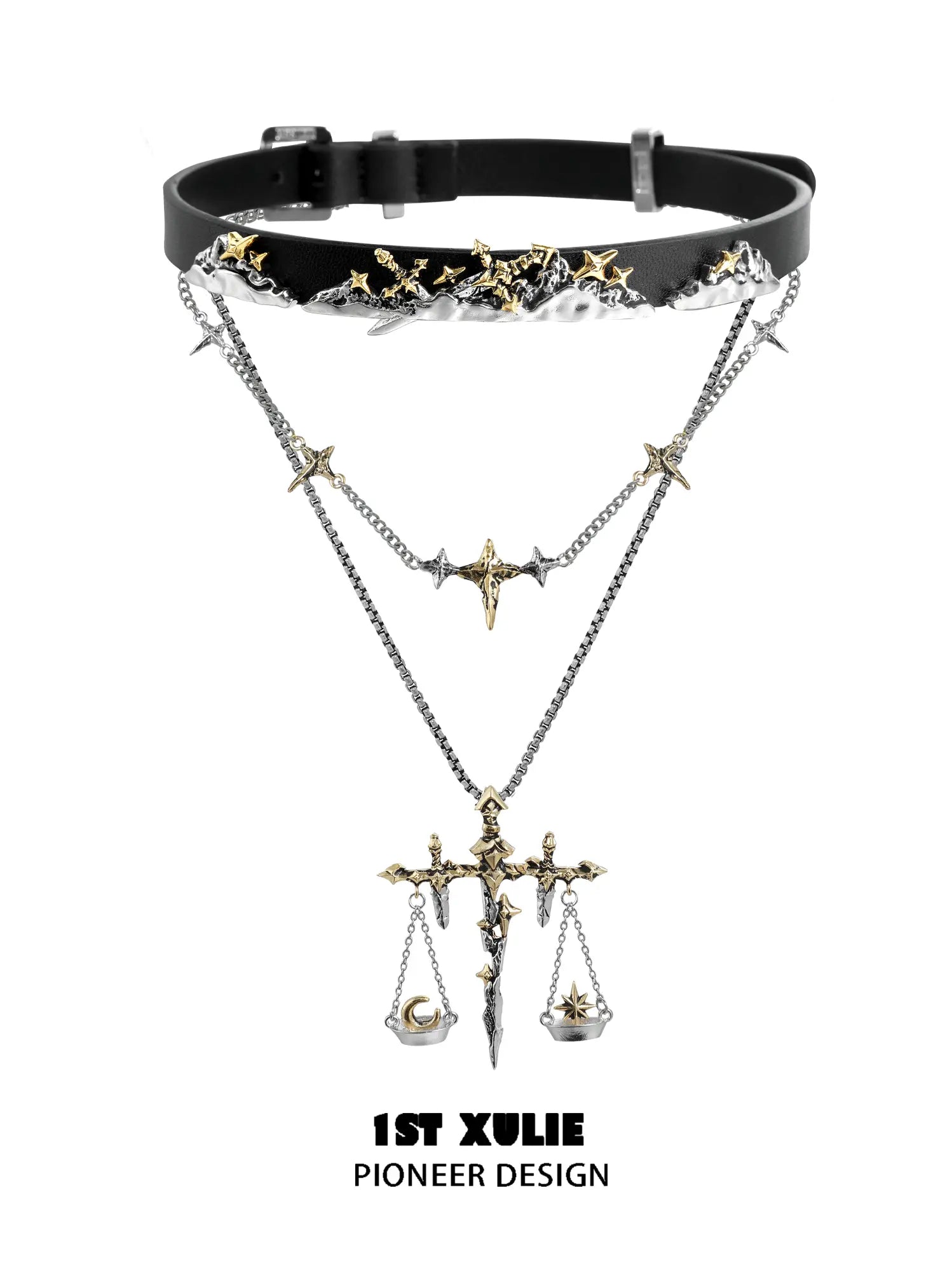 1ST XULIE Jewelry "Knight's Oath" Sword Leather Choker Necklace in 18K Gold Plated - Combo On Model