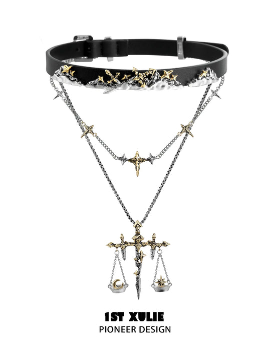 1ST XULIE Jewelry "Knight's Oath" Sword Leather Choker Necklace in 18K Gold Plated - Combo On Model
