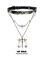 1ST XULIE Jewelry "Knight's Oath" Sword Leather Choker Necklace in 18K Gold Plated - Combo On Model