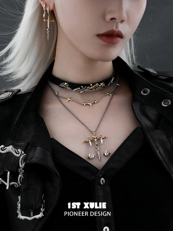 "Knight's Oath" 18K Gold Plated Sword Leather Choker Necklace, Statement Pendant Necklace