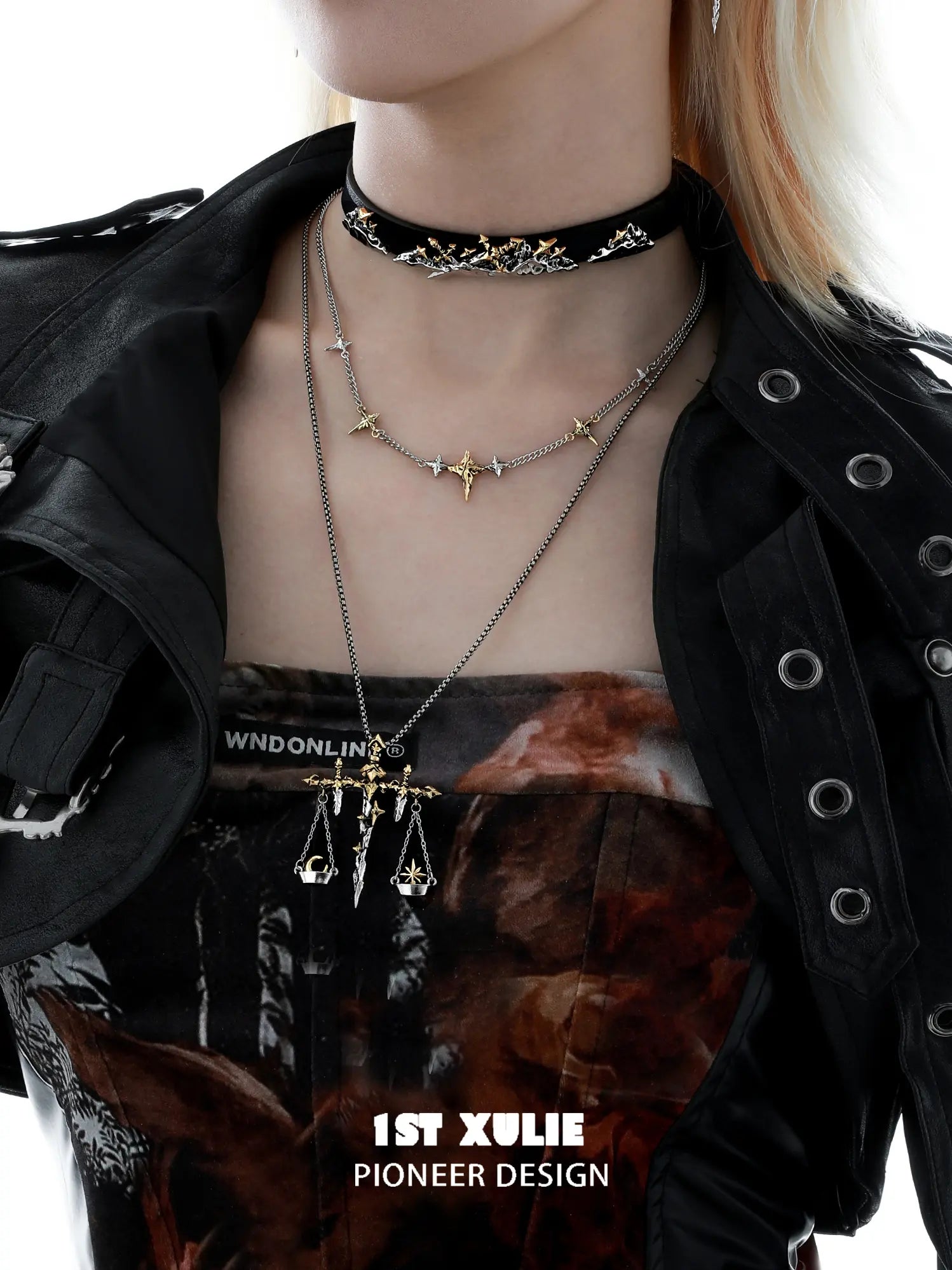 1ST XULIE Jewelry "Knight's Oath" Sword Leather Choker Necklace in 18K Gold Plated - On Model (Choker Style)