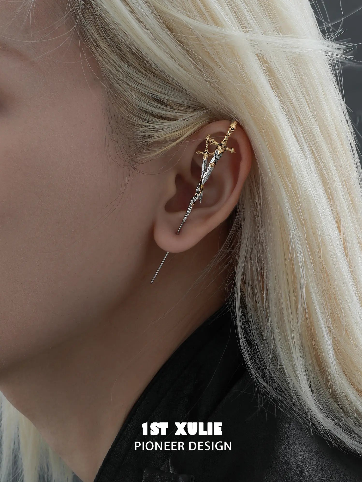 1ST XULIE Jewelry "Knight's Oath" Sword Needle Piercing Earrings in 18K Gold Plated Brass - Angle 1