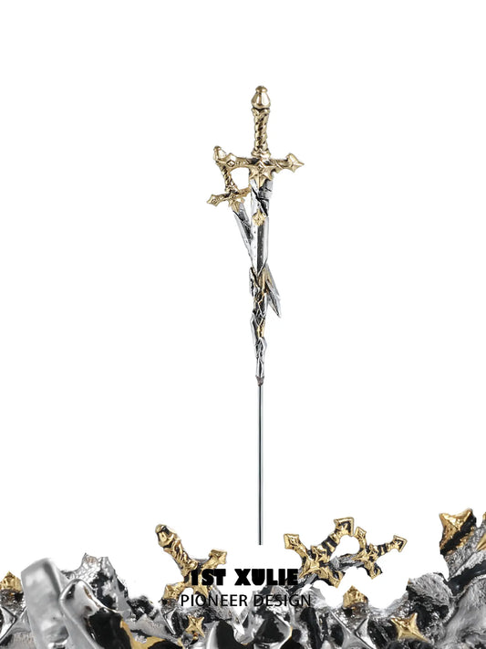 1ST XULIE Jewelry "Knight's Oath" Sword Needle Piercing Earrings in 18K Gold Plated Brass - Lifestyle Shot