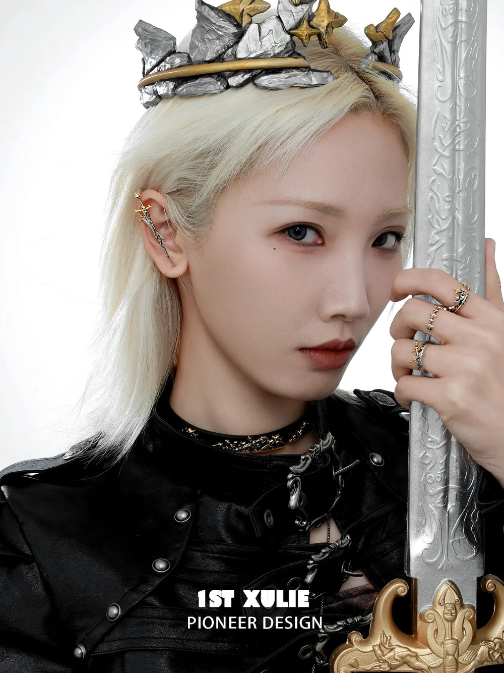 1ST XULIE Jewelry "Knight's Oath" Sword Needle Piercing Earrings in 18K Gold Plated Brass - On Model