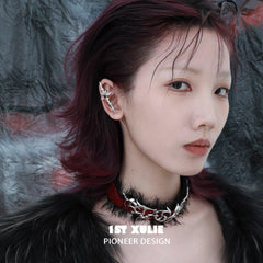 1ST XULIE "Taboo Rose" Edgy Sword Threader Needle Piercing Earrings in Platinum Plated Brass - Angled View