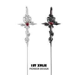 1ST XULIE "Taboo Rose" Edgy Sword Threader Needle Piercing Earrings in Platinum Plated Brass - Detail Shot
