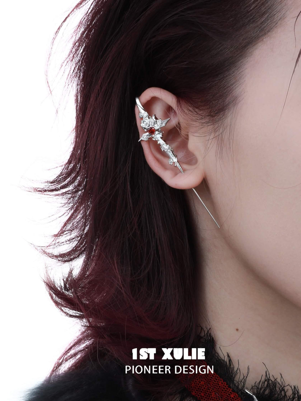 1ST XULIE "Taboo Rose" Edgy Sword Threader Needle Piercing Earrings in Platinum Plated Brass - Product View