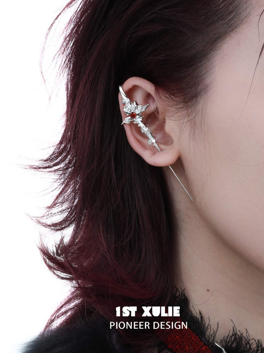 1ST XULIE "Taboo Rose" Edgy Sword Threader Needle Piercing Earrings in Platinum Plated Brass - Product View