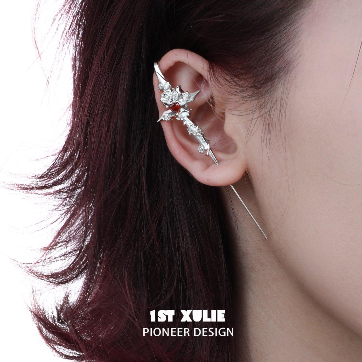 1ST XULIE "Taboo Rose" Edgy Sword Threader Needle Piercing Earrings in Platinum Plated Brass - On Model Close Up
