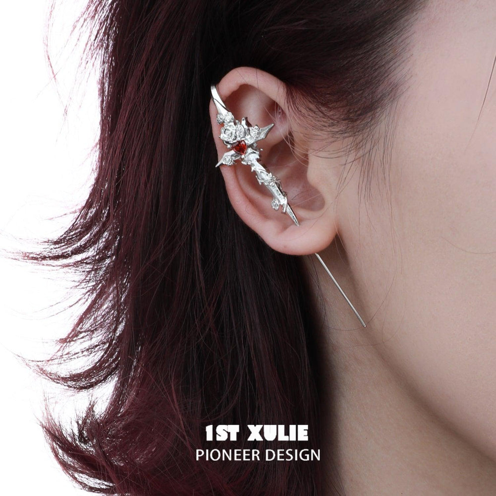 1ST XULIE "Taboo Rose" Edgy Sword Threader Needle Piercing Earrings in Platinum Plated Brass - On Model Close Up