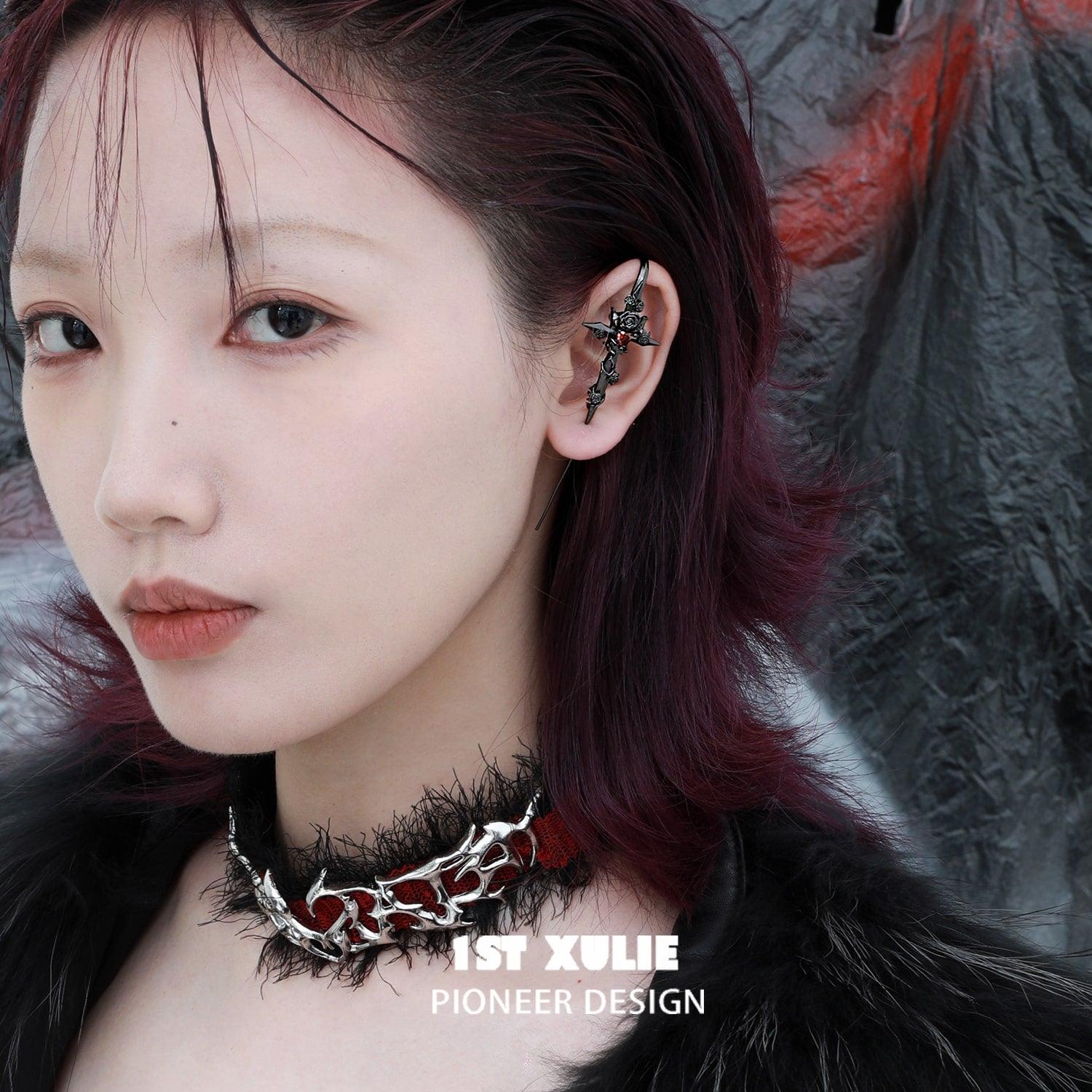 1ST XULIE "Taboo Rose" Edgy Sword Threader Needle Piercing Earrings in Platinum Plated Brass - Packaging View