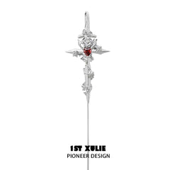 1ST XULIE "Taboo Rose" Edgy Sword Threader Needle Piercing Earrings in Platinum Plated Brass - Side View
